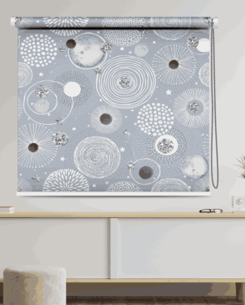 Galaxy universe roller blind with stars, planets, and celestial patterns on a grey background.