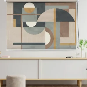 Geometric Minimalist Roller Blind in earthy blue, beige, and taupe