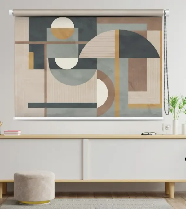 Geometric Minimalist Roller Blind in earthy blue, beige, and taupe