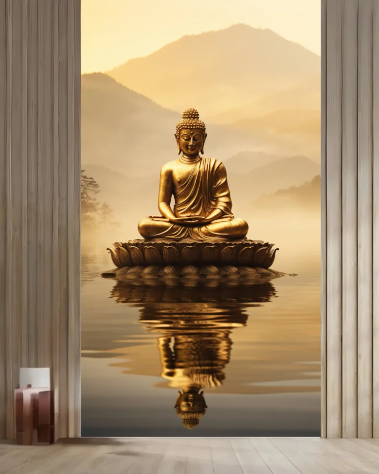 Golden Buddha Reflection Wallpaper Mural - Custom 3D Wall Mural for Living Room & Bedroom (From ₹70/sq.ft) | Parker Window Blinds