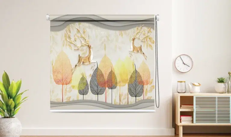 Golden Deer & Autumn Leaf Roller Blind - Custom Fit Window Blind with UV Protection (From ₹159/sq.ft) | Parker Window Blinds