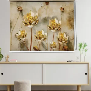 Golden Lotus Blossom Roller Blind with 3D floral print on a beige artistic background