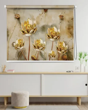 Golden Lotus Blossom Roller Blind with 3D floral print on a beige artistic background
