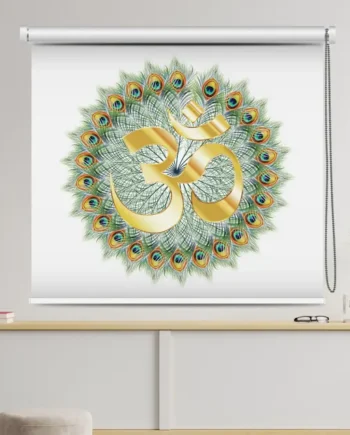 Hindu Golden Om Symbol Roller Blind with Peacock Feather Mandala with vibrant peacock pattern