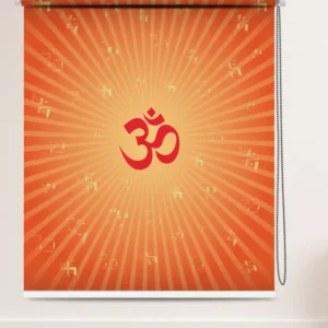 Hindu Spiritual Om Swastik Roller Blind for pooja room and mandir with orange sunburst pattern
