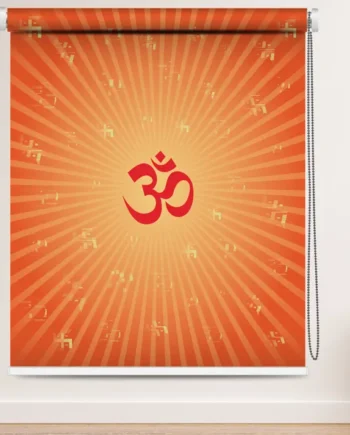 Hindu Spiritual Om Swastik Roller Blind for pooja room and mandir with orange sunburst pattern