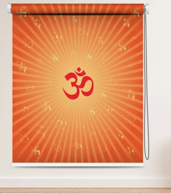 Hindu Spiritual Om Swastik Roller Blind for pooja room and mandir with orange sunburst pattern