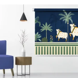 Indian Ethnic Roller Blind with Sacred Cows and Palm Trees with palm trees and navy blue background for spiritual and tropical home decor