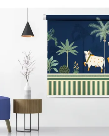 Indian Ethnic Roller Blind with Sacred Cows and Palm Trees with palm trees and navy blue background for spiritual and tropical home decor