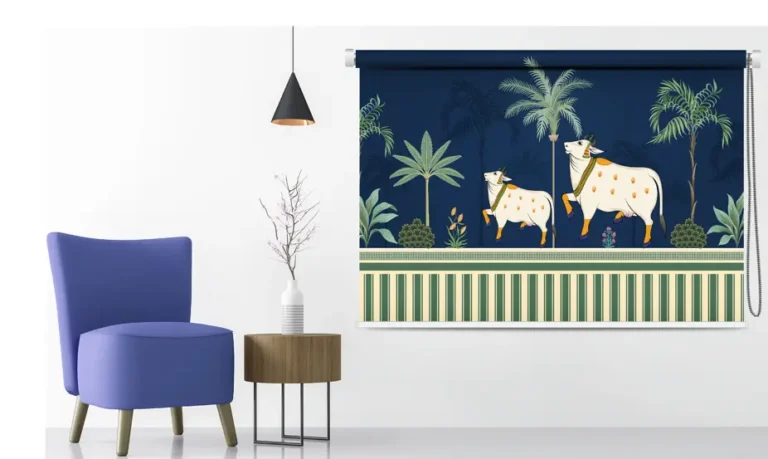 Indian Ethnic Roller Blind with Sacred Cows and Palm Trees - Custom Fit Window Blind with UV Protection (From ₹159/sq.ft) | Parker Window Blinds