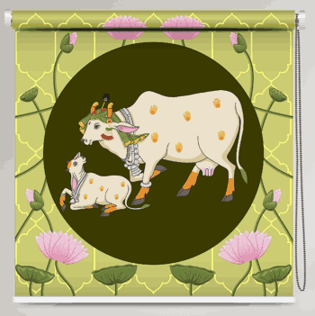 Indian Kamdhenu Cow Art Roller Blind with sacred cow and calf artwork, lotus flowers, and ethnic green background