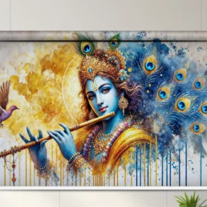 Lord Krishna Flute Roller Blind with Colorful Watercolor Art