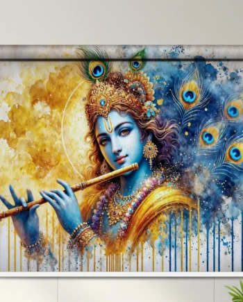 Lord Krishna Flute Roller Blind with Colorful Watercolor Art