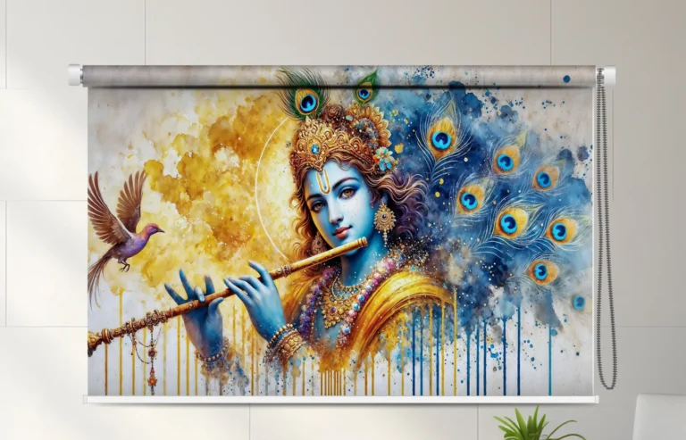 Lord Krishna Flute Roller Blind with Colorful Watercolor Art - Custom Fit Window Blind with UV Protection (From ₹159/sq.ft) | Parker Window Blinds