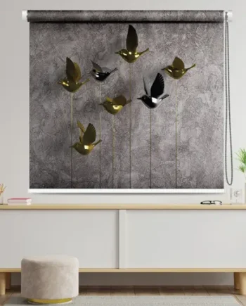 Luxury 3D Golden Metallic Bird Art Roller Blind with flying metallic gold and black birds