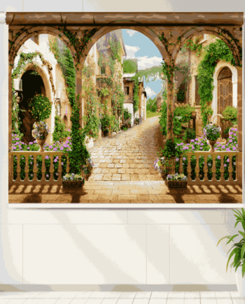 Mediterranean courtyard view roller blind with floral balconies and cobblestone street.