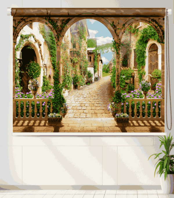Mediterranean courtyard view roller blind with floral balconies and cobblestone street.
