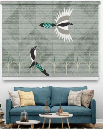 Modern Artful Minimalist Bird Roller Blind with abstract birds—one perched and one in flight—on a muted green textured background, designed for contemporary living rooms.