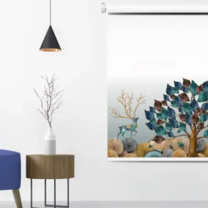 Artistic Mystic Tree & Deer Roller Blind featuring a colorful leaf tree, abstract deer, and textured stone landscape on a minimalist white background.