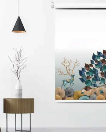 Artistic Mystic Tree & Deer Roller Blind featuring a colorful leaf tree, abstract deer, and textured stone landscape on a minimalist white background.