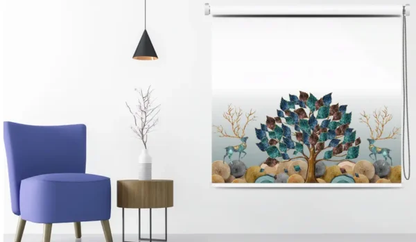 Artistic Mystic Tree & Deer Roller Blind featuring a colorful leaf tree, abstract deer, and textured stone landscape on a minimalist white background.