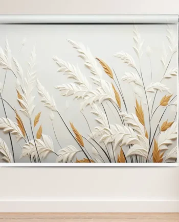 Nature-Inspired Golden Wheat Leaf Roller Blind and ivory wheat leaves on a light background