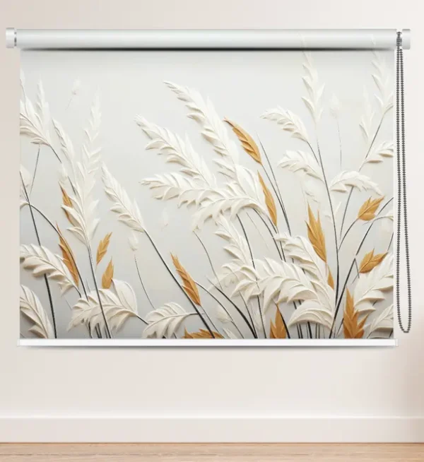 Nature-Inspired Golden Wheat Leaf Roller Blind and ivory wheat leaves on a light background