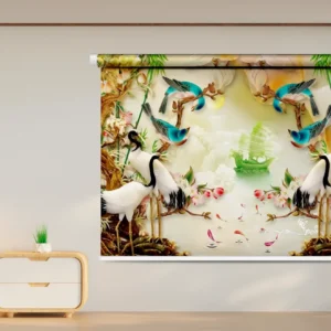 Oriental crane and bird-themed roller blind with cherry blossoms, bamboo, and a green boat on misty waters.