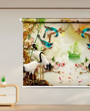 Oriental crane and bird-themed roller blind with cherry blossoms, bamboo, and a green boat on misty waters.