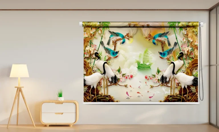 Oriental Cranes & Paradise Birds Roller Blind - Custom Fit Window Blind with UV Protection (From ₹159/sq.ft) | Parker Window Blinds
