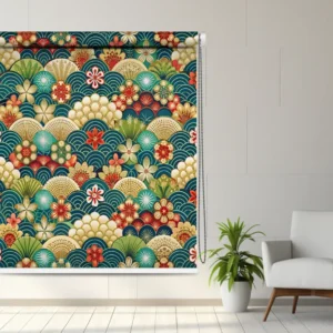 Oriental Roller Blind with Japanese Wave and Floral Pattern featuring Japanese floral wave design in teal, gold, and red colors with oriental fan and blossom motifs.