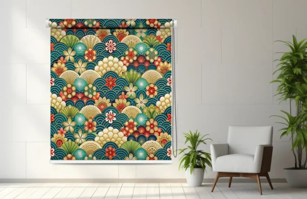 Oriental Roller Blind with Japanese Wave and Floral Pattern featuring Japanese floral wave design in teal, gold, and red colors with oriental fan and blossom motifs.