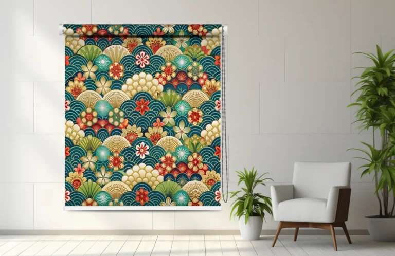 Oriental Roller Blind with Japanese Wave and Floral Pattern - Custom Fit Window Blind with UV Protection (From ₹159/sq.ft) | Parker Window Blinds