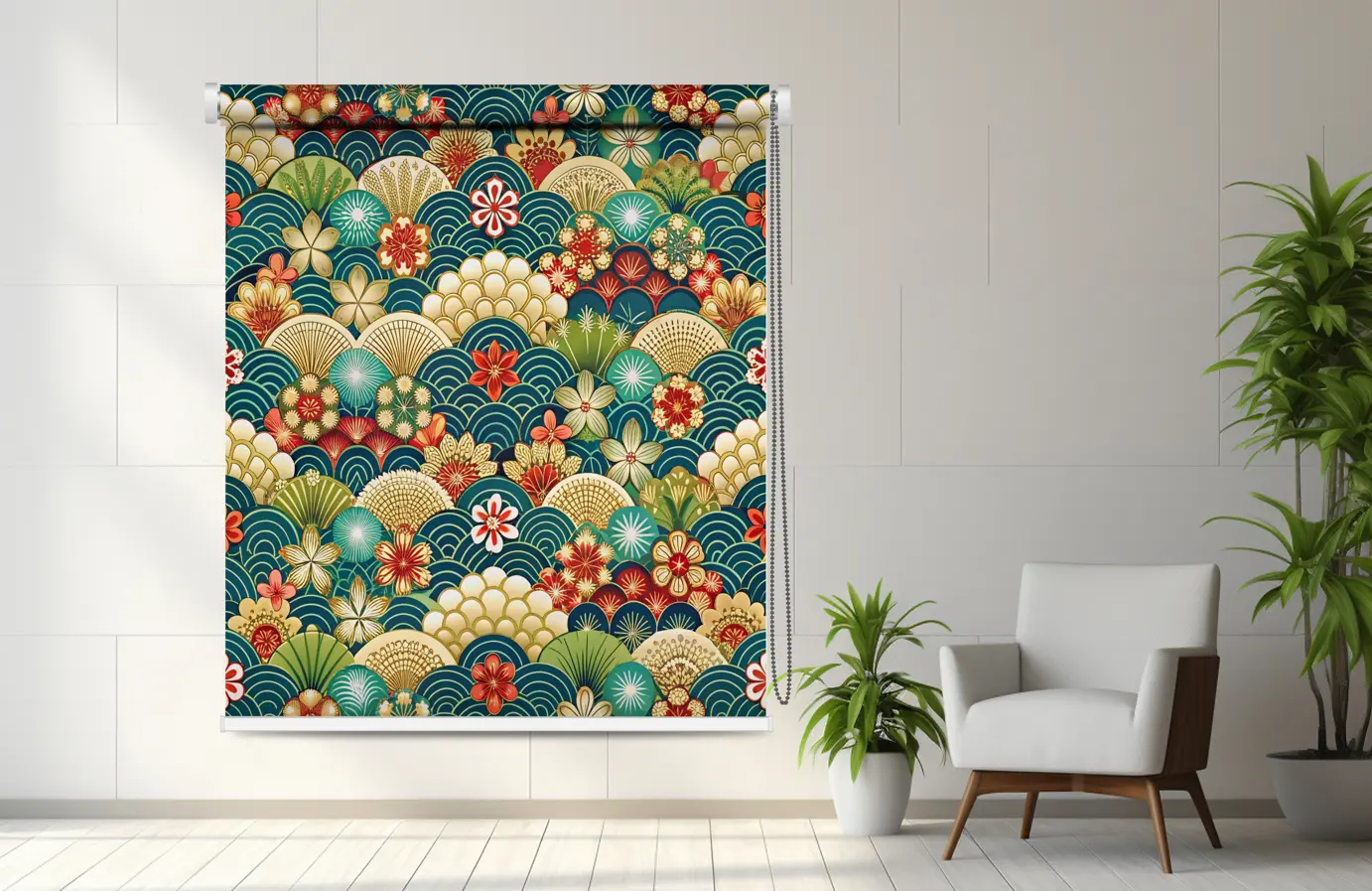 Oriental Roller Blind with Japanese Wave and Floral Pattern