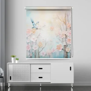 Pastel Floral Bird Roller Blind with blooming cherry blossoms and a perched bluebird on a soft gradient background.