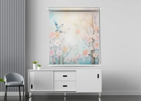 Pastel Floral Bird Roller Blind with blooming cherry blossoms and a perched bluebird on a soft gradient background.