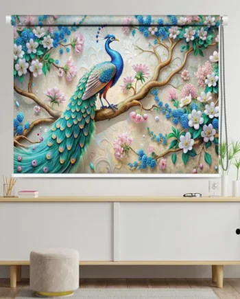 Peacock Blossom Roller Blind with cherry blossom and vibrant tail design