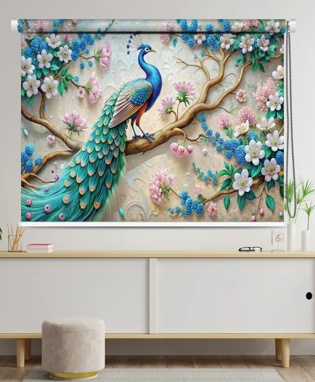 Peacock Blossom Roller Blind with cherry blossom and vibrant tail design