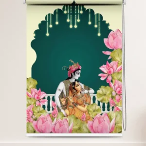 Radha Krishna Love Theme Roller Blind with lotus flowers and palace arch – spiritual romantic window shade design