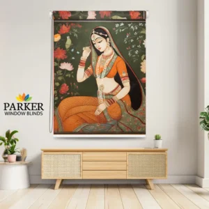 Rajasthani Rani Sa Heritage Art Roller Blind featuring a traditional painting of Rani Sa adorned in orange attire, seated among floral motifs, perfect for Indian heritage-inspired interior decor