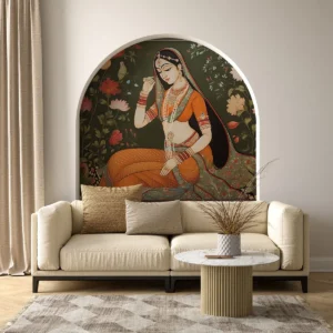 Rajasthani Rani Sa Heritage Art Wallpaper featuring a traditional painting of Rani Sa adorned in orange attire, seated among floral motifs—perfect for Indian heritage–inspired interior decor.