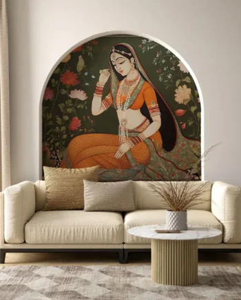 Rajasthani Rani Sa Heritage Art Wallpaper featuring a traditional painting of Rani Sa adorned in orange attire, seated among floral motifs—perfect for Indian heritage–inspired interior decor.