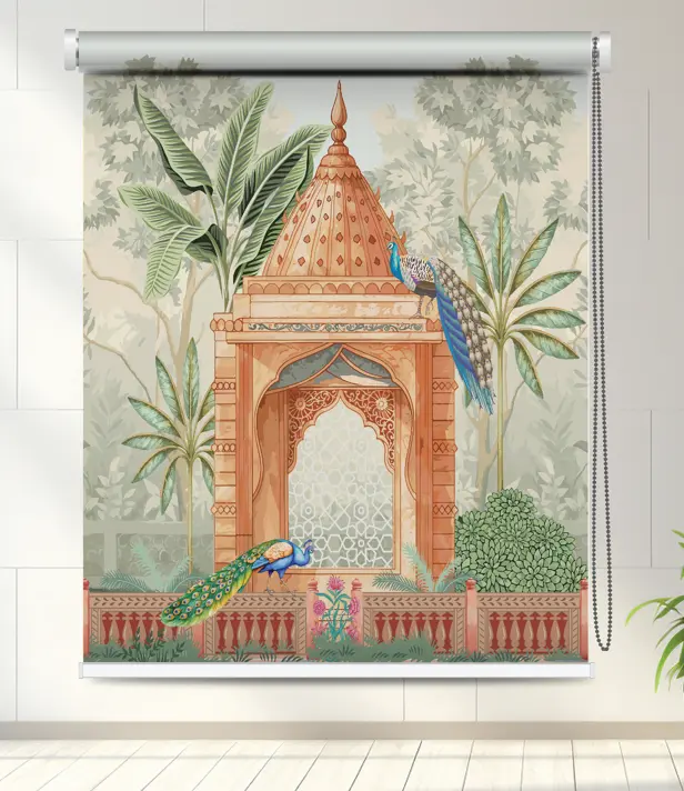 Regal Peacock Palace Roller Blind with Traditional Arch & Nature Motif