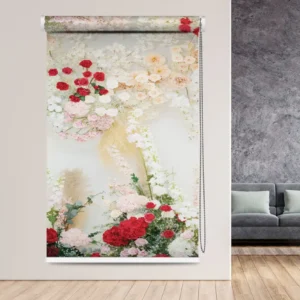 Romantic Botanical Floral Roller Blind with romantic garden floral design featuring red, white, and blush pink roses and assorted botanical blooms.