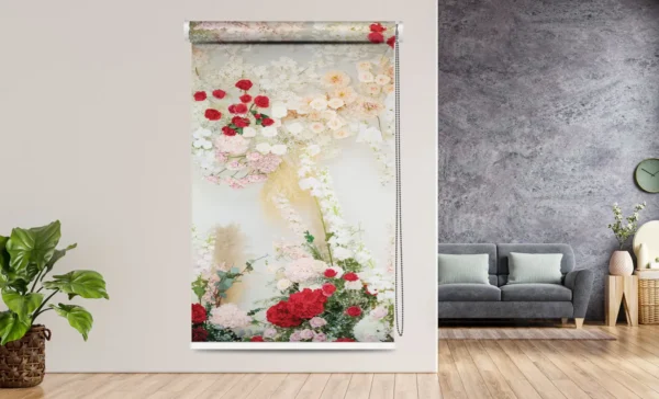 Romantic Botanical Floral Roller Blind with romantic garden floral design featuring red, white, and blush pink roses and assorted botanical blooms.