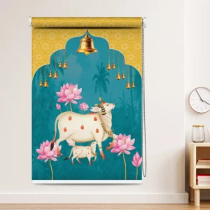 Sacred Cow and Calf Roller Blind with Lotus Motif and Temple Bells - Traditional Indian Art Window Décor