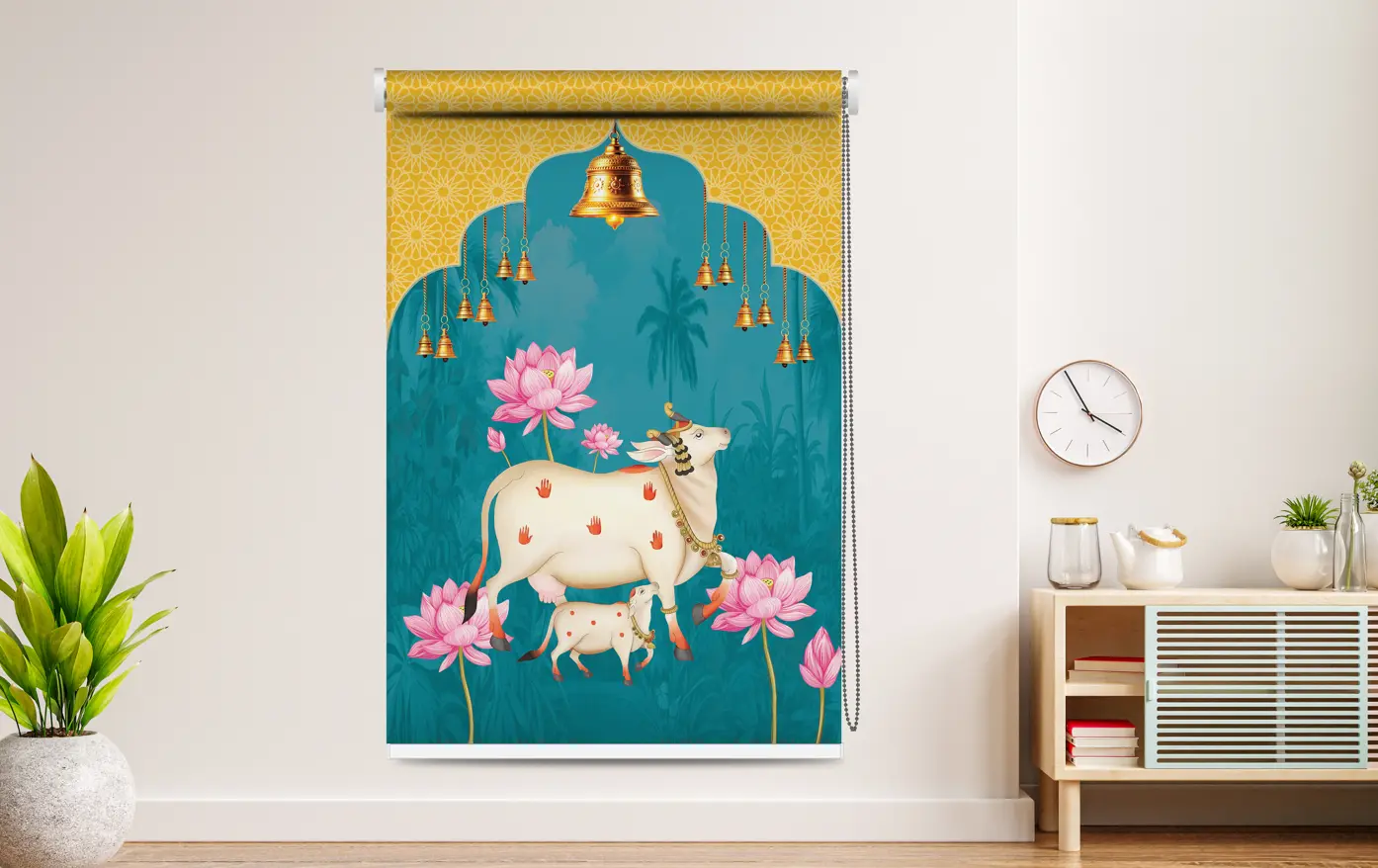 Sacred Cow and Calf Roller Blind with Lotus Motif and Temple Bells