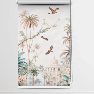 Roller blind with tropical palace scene, palm trees, flying birds, and domed architecture in soft pastel tones