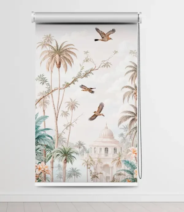 Roller blind with tropical palace scene, palm trees, flying birds, and domed architecture in soft pastel tones