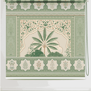 Regal Style Mughal Garden Palm Blackout Roller Blind featuring a central tropical palm tree framed by Mughal arch and floral tile patterns in green and beige tones